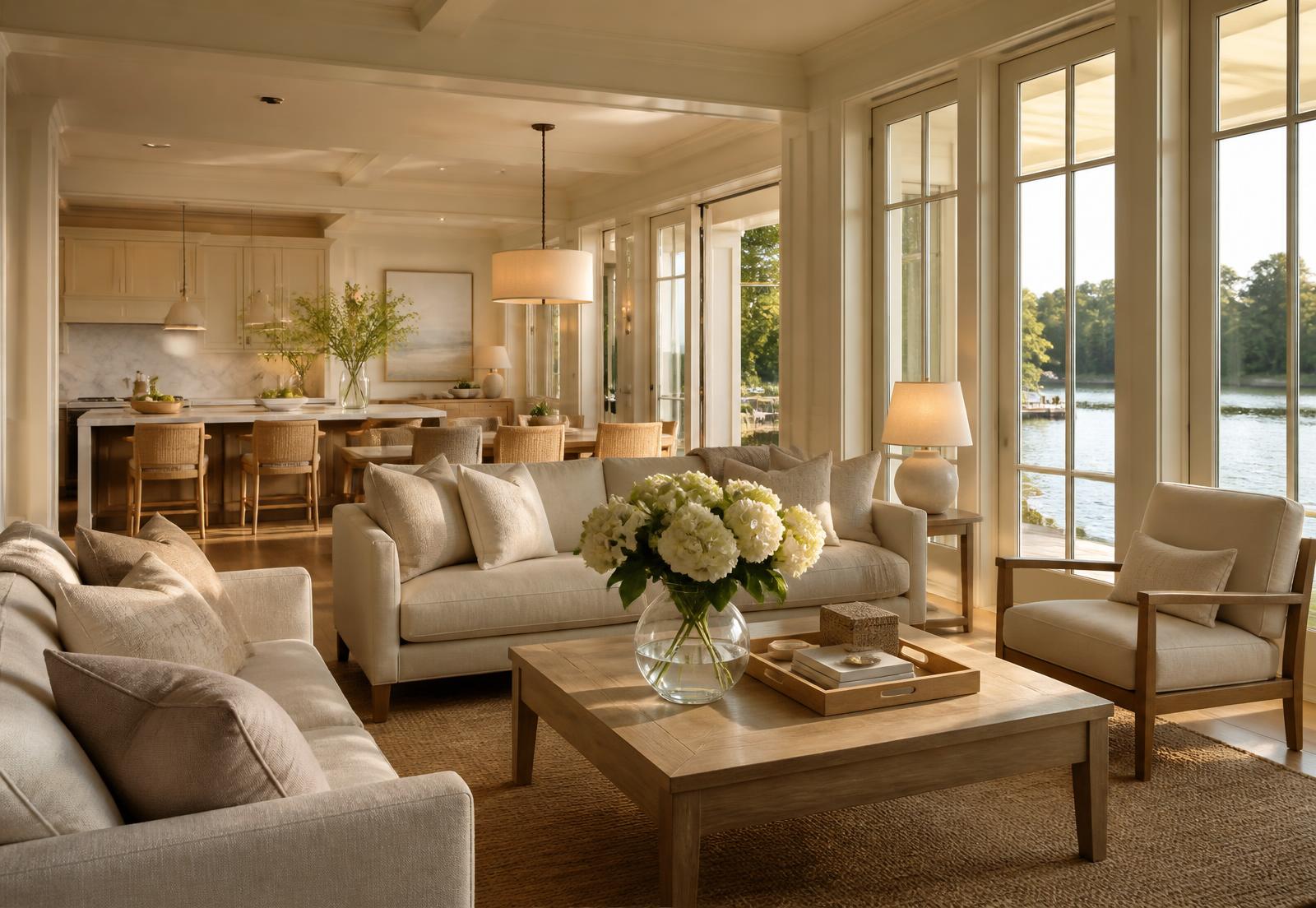 A lake home interior prepared for arrival