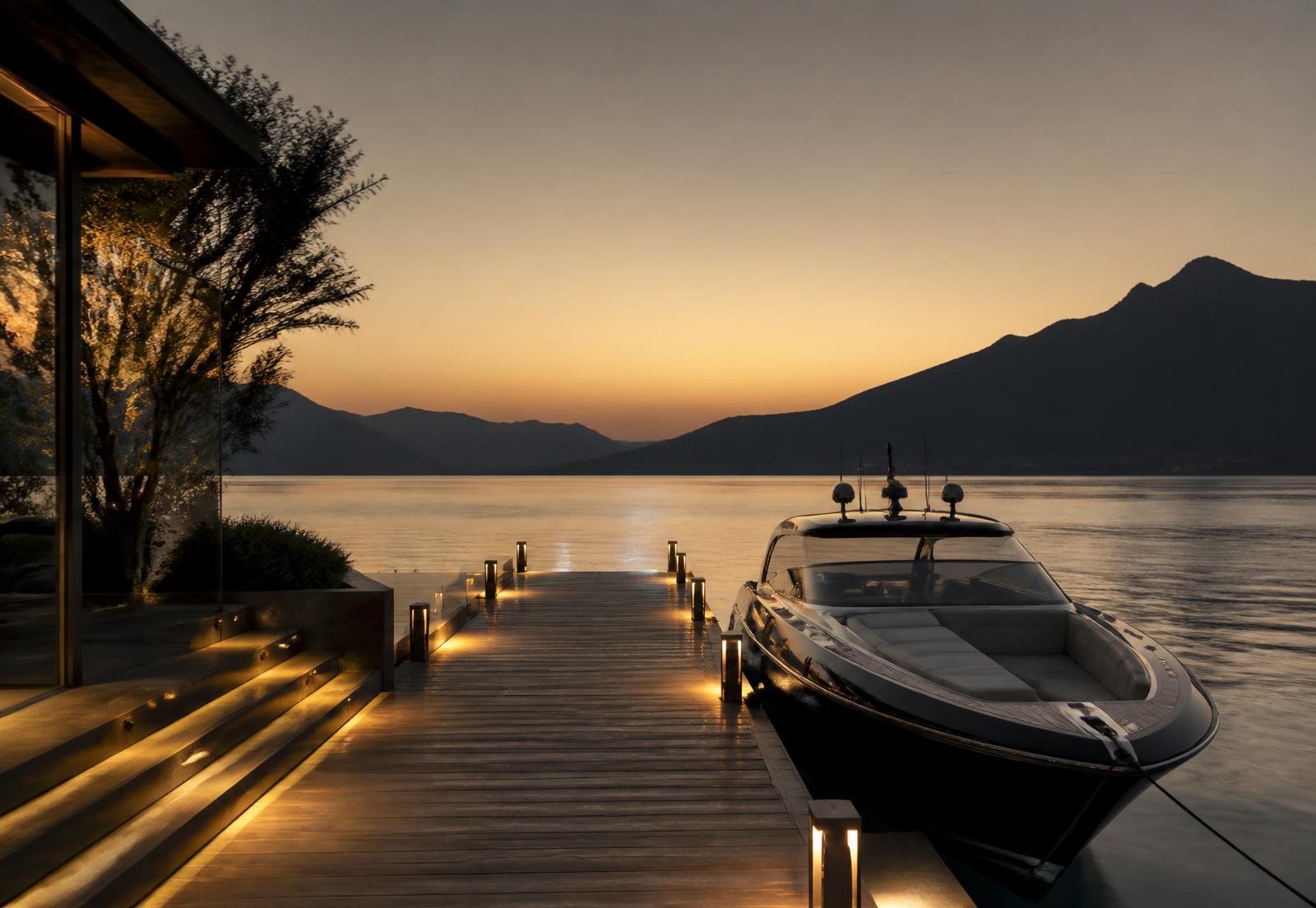 Private dock at dusk on Lake of the Ozarks with a moored boat